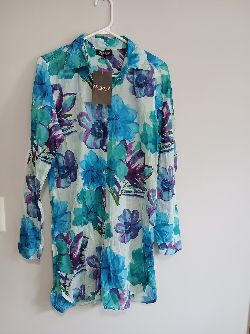 Orage Brand Floral Blue Teal Purple Long-Sleeve Tunic